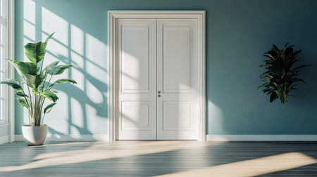 A serene interior scene showcasing open double doors illuminated by natural light, complemented by stylish plants, creating an inviting and peaceful atmosphere.の素材