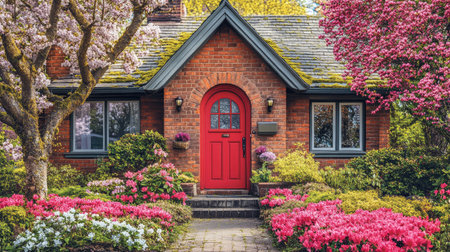 A picturesque red brick house with a bright red door, surrounded by vibrant flowers and lush greenery, creating a charming and inviting atmosphere.の素材