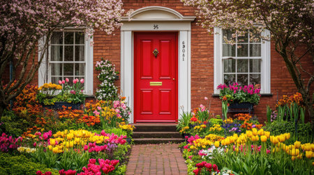 A beautiful red door on a charming brick house, adorned with vibrant flowers and greenery, creates an inviting and picturesque entrance. Perfect for showcasing seasonal beauty.の素材