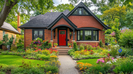 A charming traditional red brick house with a vibrant garden, featuring colorful flowers and an inviting entrance. The perfect representation of cozy residential aesthetics.の素材