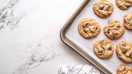 A baking tray with fresh cookies on a countertop, with empty space around for copy.の素材