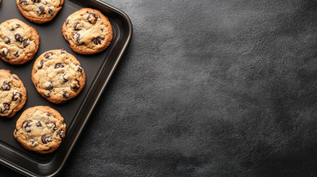 A baking tray with fresh cookies on a countertop, with empty space around for copy.の素材