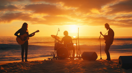 A band harmonizing on a beach with a sunset backdrop and space for text.の素材