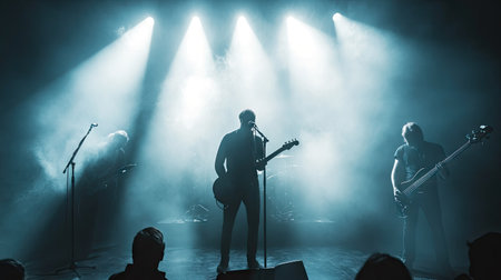A band harmonizing on stage with a spotlight and blank space around for copy.の素材