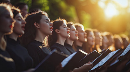 A choir performing at a festival with open space in the background for text.の素材