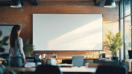 A blank whiteboard in an office with a person standing nearby, leaving space for text or notes.の素材