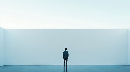 A blank wall with a person standing in front of it, symbolizing uncertainty and providing space for copy.の素材