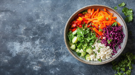 A bowl of colorful ingredients ready for mixing, with a clean background for copy.の素材