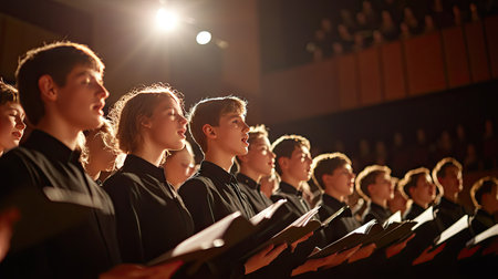 A choir singing in a school hall with a spacious background for text placement.の素材