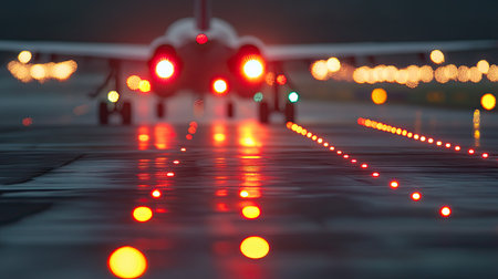 A close-up of airplane landing lights with a clear runway and background for copy.の素材