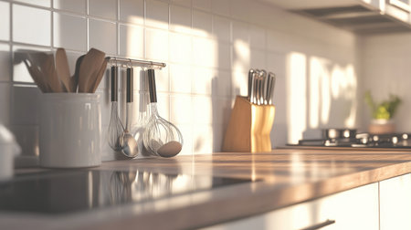 A clean kitchen countertop with cooking utensils and plenty of space for text.の素材