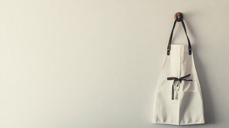 A apron hanging on a kitchen hook, with ample space on the wall for text.の素材