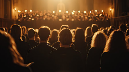 A choir singing in a church or auditorium, with empty space above for adding text.の素材