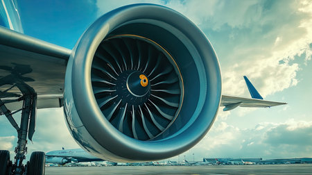 A close-up of a jet engine with a clear sky or airport background for adding text.の素材