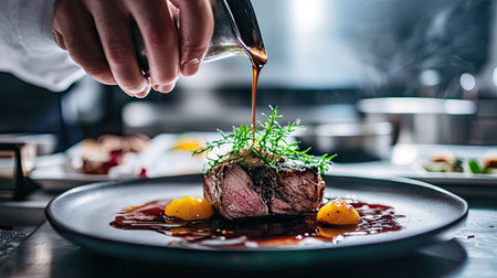 A close-up of a hand drizzling sauce over a dish with a blank kitchen background.の素材