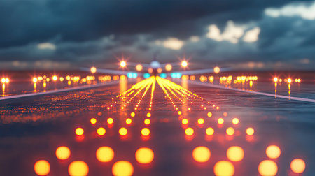 A close-up of airplane landing lights with a clear runway and background for copy.の素材