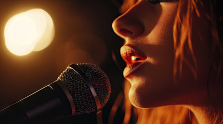 A close-up of a singer face with a blurred background, leaving room for text.の素材