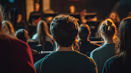 A choir rehearsing in a practice room, with plenty of room in the background for copy.の素材