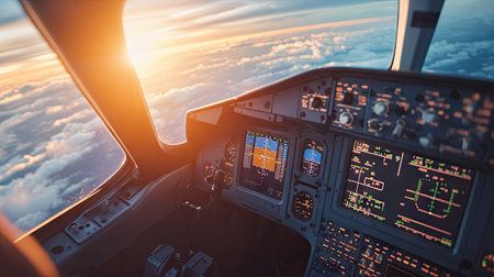 A close-up of an airplane cockpit with a clear sky through the window for text placement.の素材