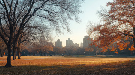 A cold, windy day in a city park with trees swaying and a clear sky for adding copy.の素材