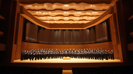 A choir performing in an auditorium with a wide, empty stage for text placement.の素材