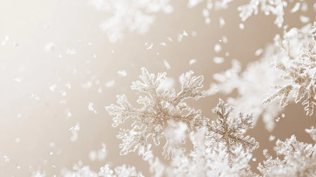 A close-up of blowing snowflakes against a neutral background, offering space for text.の素材