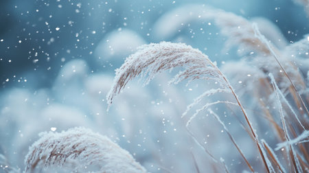 A close-up of a cold wind blowing through grasses with a blurred, snowy background for copy.の素材