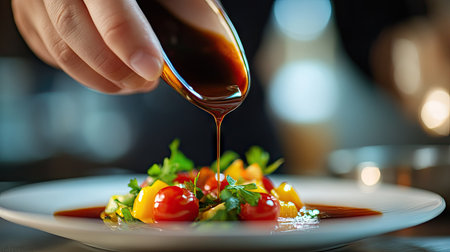 A close-up of a hand drizzling sauce over a dish with a blank kitchen background.の素材