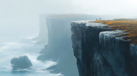 A cold, windy day on a coastal cliff with a clean horizon for copy.の素材