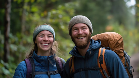 A couple smiling while hiking on a trail, with a natural background offering space for text.の素材