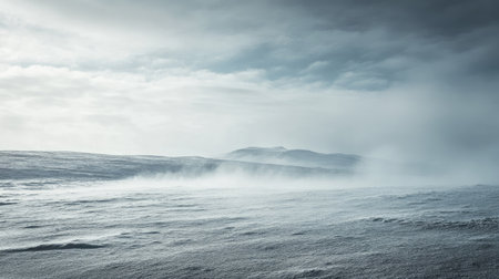 A cold wind blowing through a barren landscape with a clear, open sky for copy placement.の素材