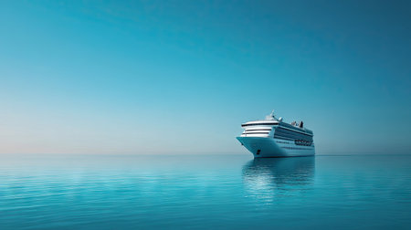 A cruise ship sailing through calm, turquoise waters, with a clear blue sky providing ample copy space. -の素材