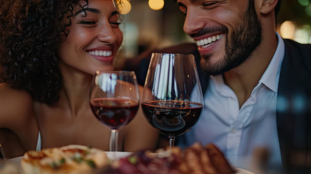 A couple smiling while enjoying a meal at a restaurant, with a clear background for text.の素材