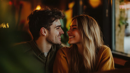 A couple smiling at each other in a cozy setting, with a blank area in the background for text.の素材