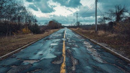 A deserted street with an unclear path ahead, providing space for copy in the open sky.の素材