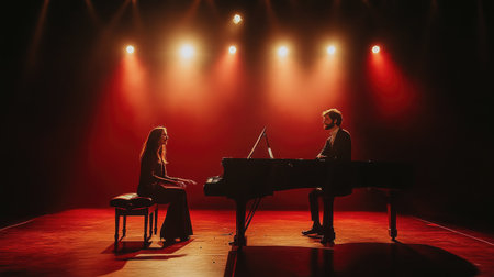 A duet performing on stage, with a clean background behind them for adding text.の素材