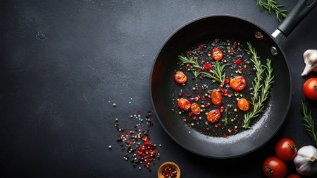 A frying pan with ingredients sizzling and a clean background for text placement. -の素材