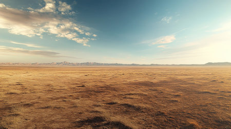 A deserted landscape with an open horizon, offering a clear space for adding copy.の素材