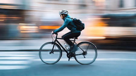 A cyclist riding a shared bike through the city, with the background intentionally blurred for copy spaceの素材