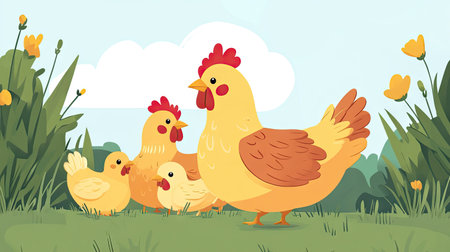 A family of chickens feeding together in the yard, with clear sky above for text.の素材