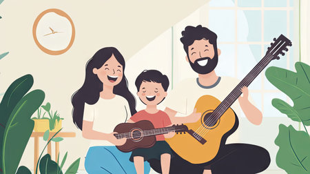 A family singing together at home with a clean background providing space for copyの素材
