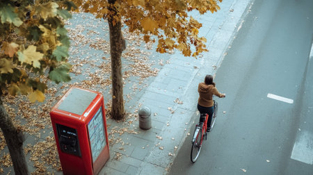 A cyclist unlocking a bike from a sharing station, with space for text on the sidewalk or road.の素材