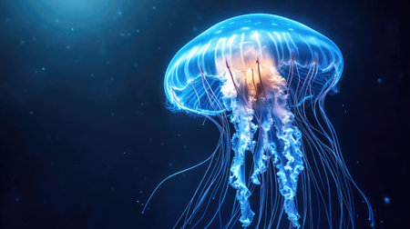 A glowing jellyfish floating in deep blue water, with ample space for text around it.の素材