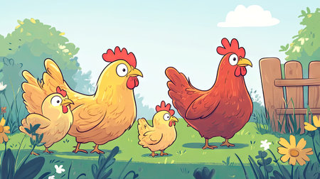 A family of chickens feeding together in the yard, with clear sky above for text.の素材