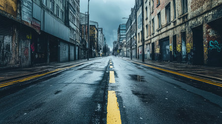 A deserted street with an unclear path ahead, providing space for copy in the open sky.の素材