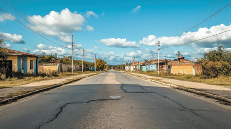 A deserted street with an unclear path ahead, providing space for copy in the open sky.の素材