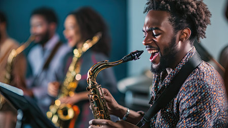 A group of musicians singing together in a studio with clean space for text around them.の素材