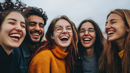 A group of friends smiling and laughing together, with a clean background for textの素材