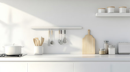 A neatly arranged kitchen island with cooking tools and ample blank space for copy.の素材