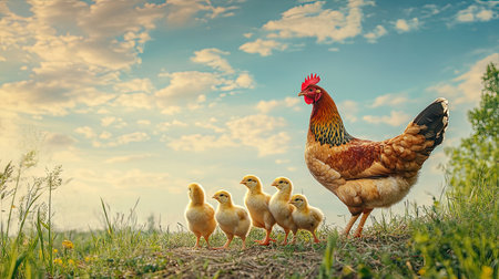 A hen leading her chicks across a farmyard, with the sky above providing ample copy space.の素材